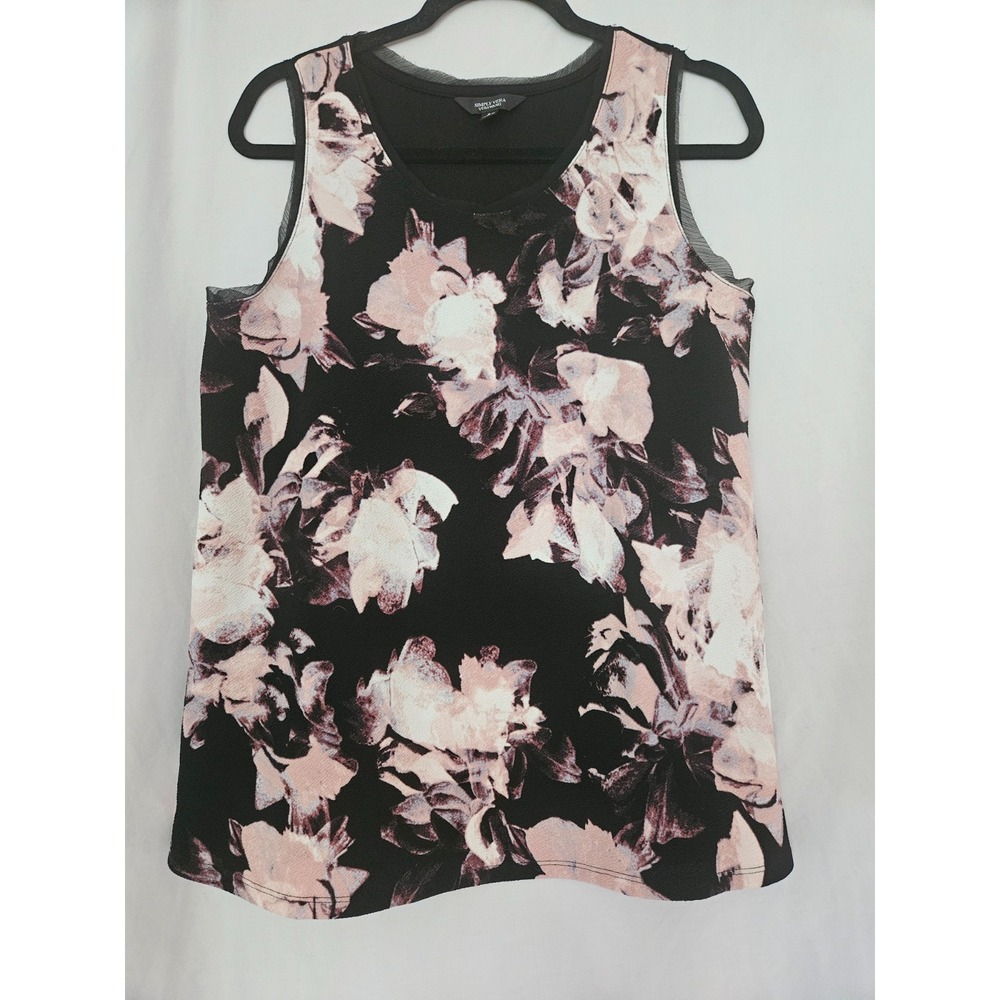 Simply Vera Vera Wang Black Sleeveless Top Pink Floral Print Sheer Trim Sz Small
